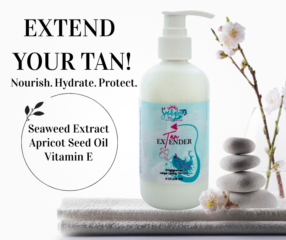 Sinful Glow Body Collective Tan Extender bottle displayed on a spa-style background with cherry blossoms and smooth stones. Text on the image reads: “Extend Your Tan! Nourish. Hydrate. Protect.” Highlights key ingredients: Seaweed Extract, Apricot Seed Oil, Vitamin E. 8 oz pump bottle designed for spray tan aftercare and skin hydration.