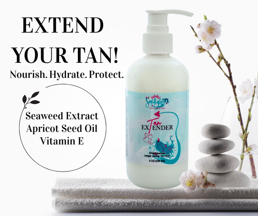 Sinful Glow Body Collective Tan Extender bottle displayed on a spa-style background with cherry blossoms and smooth stones. Text on the image reads: “Extend Your Tan! Nourish. Hydrate. Protect.” Highlights key ingredients: Seaweed Extract, Apricot Seed Oil, Vitamin E. 8 oz pump bottle designed for spray tan aftercare and skin hydration.